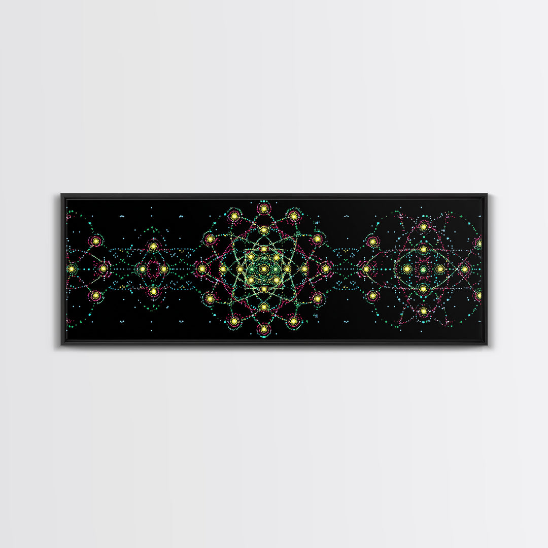 Neon Atomic Mandala Wall Art, Mid Century Modern Space Decor, Retro Science Poster, Psychedelic Geometric MCM Print, Black Wall Decor