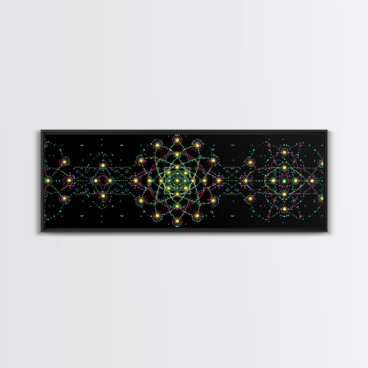 Neon Atomic Mandala Wall Art, Mid Century Modern Space Decor, Retro Science Poster, Psychedelic Geometric MCM Print, Black Wall Decor