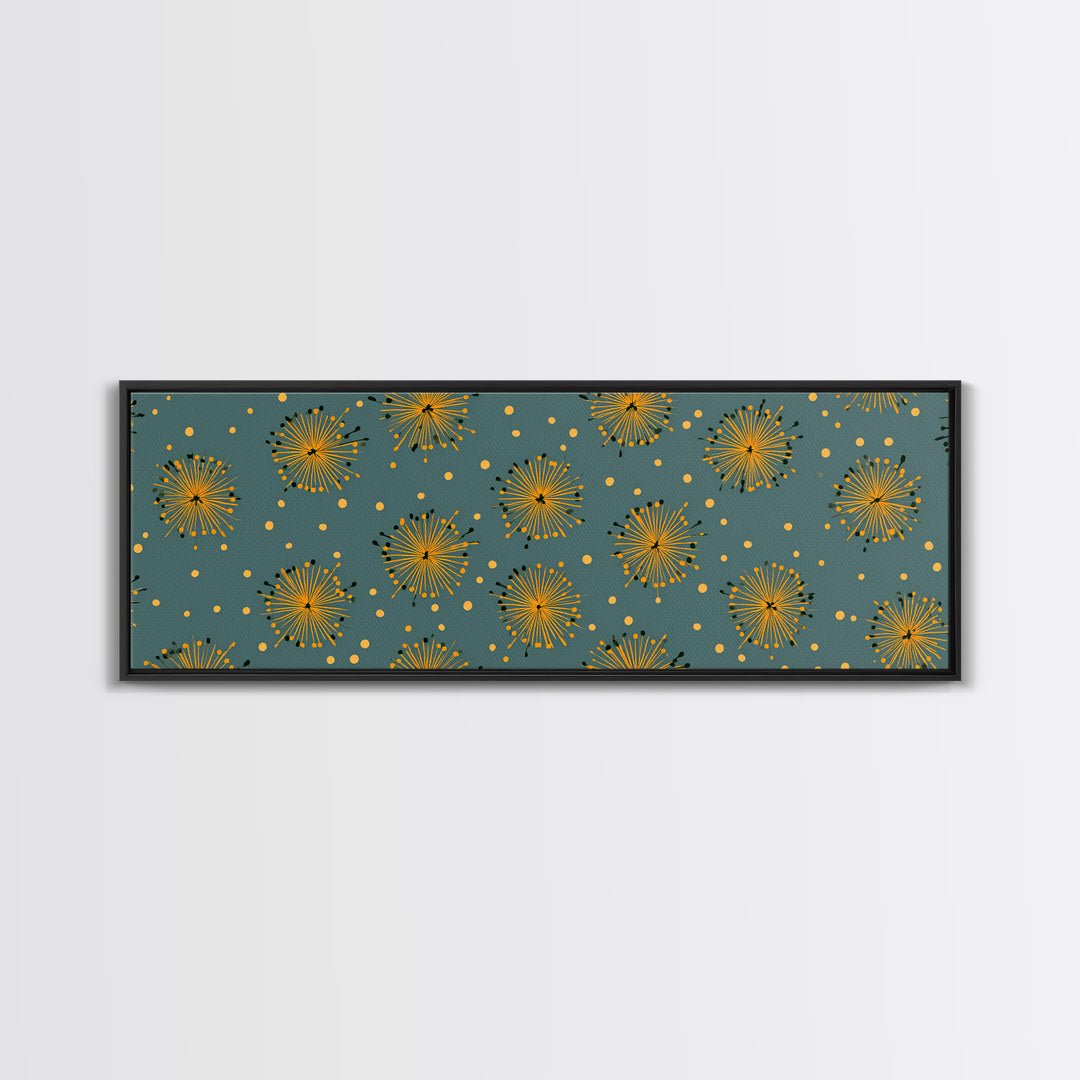 Yellow Starburst Floral Wall Art, Mid Century Modern Print, Retro Atomic Pattern Poster, Teal Kitchen Decor, MCM Art Print