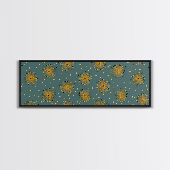 Yellow Starburst Floral Wall Art, Mid Century Modern Print, Retro Atomic Pattern Poster, Teal Kitchen Decor, MCM Art Print