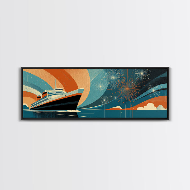 Retro Ocean Liner With Fireworks Wall Art, Mid Century Modern Travel Poster, Cruise Ship Decor, Framed Canvas Print Gift