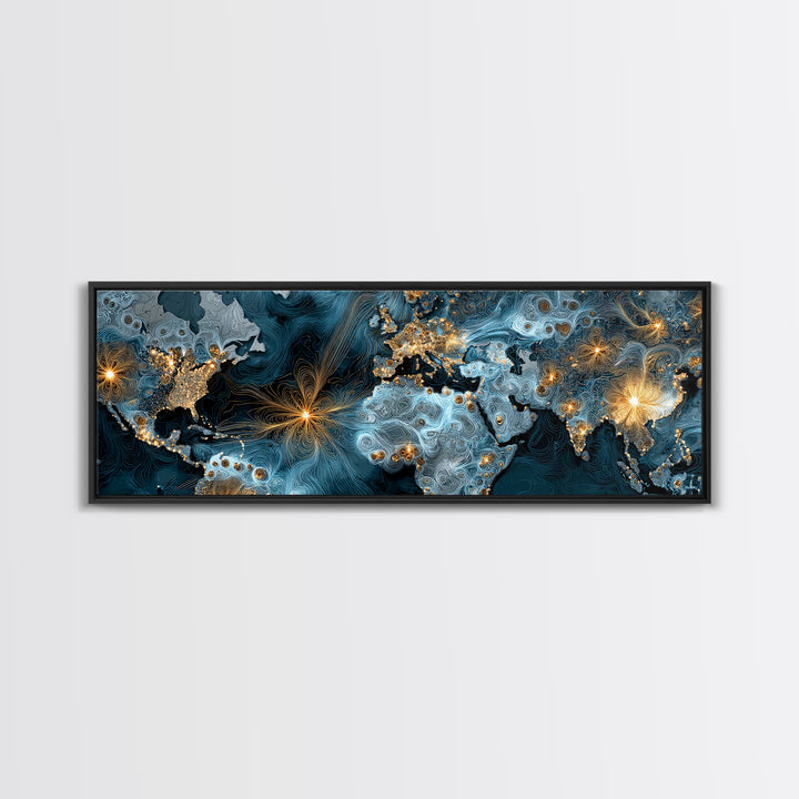 Blue Topographic World Map With Golden City Lights, Canvas Print, Modern Wall Art, Global Abstract Office Decor Poster Print