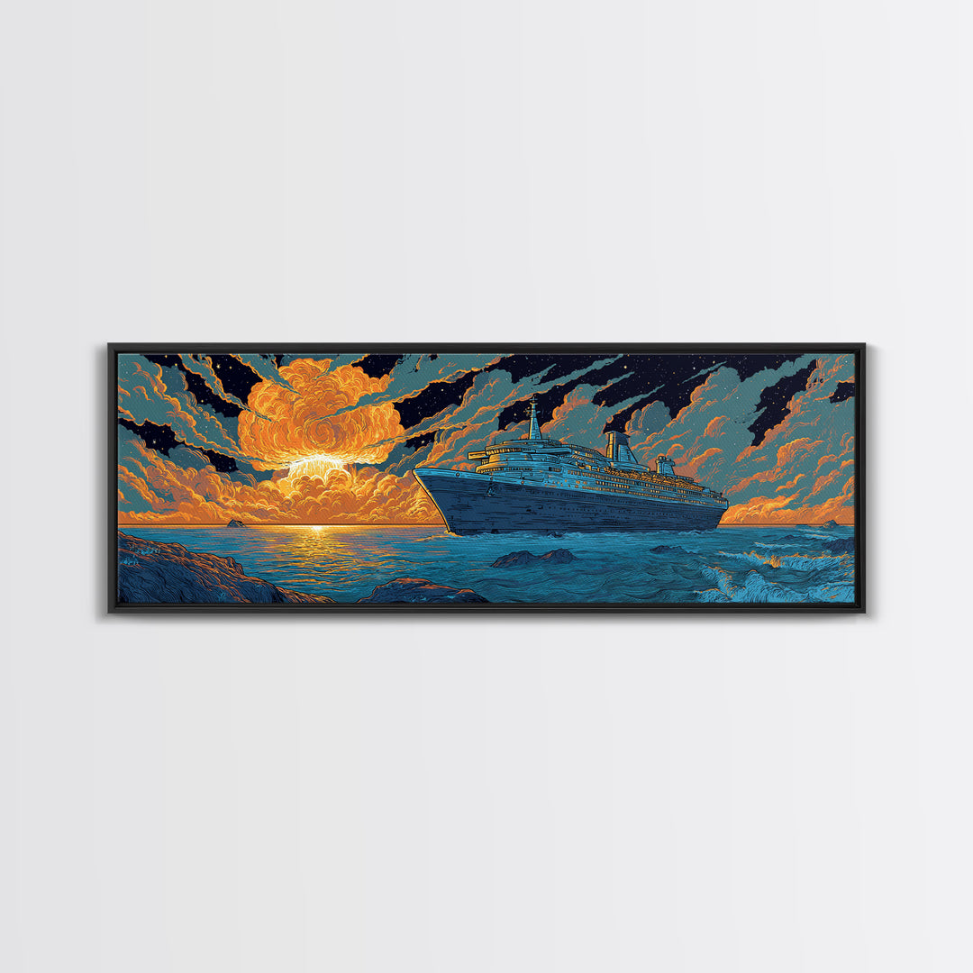 Dramatic Cruise Ship At Sunset Wall Art, Retro Ocean Travel Poster, Sci Fi Seascape Decor, Large Canvas Print Gift For Living Room