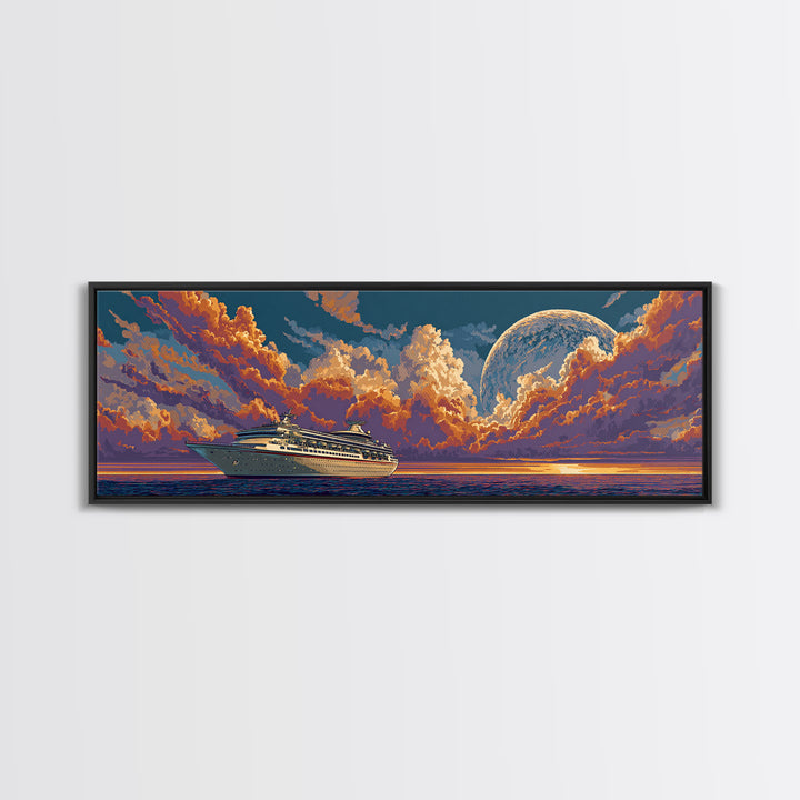 Moonlit Cruise Ship At Orange Ocean Sunset Wall Art, Retro Futuristic Travel Poster, Midcentury Modern Decor Canvas Print