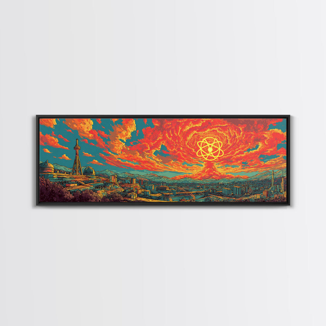 Fiery Atomic Sun Over Retro City Skyline Wall Art, Midcentury Modern Art Print, Bright Abstract Decor, Sci Fi Poster, Home Decor