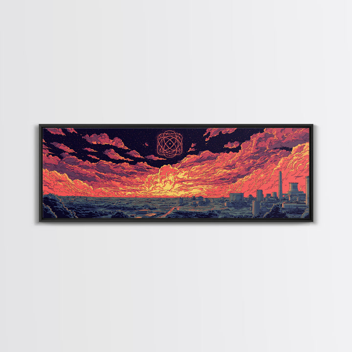 Atomic Sunset Over Industrial Coast Wall Art, Retro Sci Fi Landscape, Midcentury Modern Decor, Colorful Abstract Print, Poster