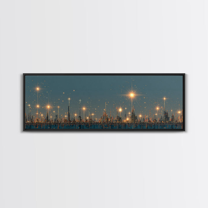 Golden Starbursts Over Night City Skyline Wall Art, Modern Abstract Art Print, Futuristic Urban Decor, Large Canvas Print