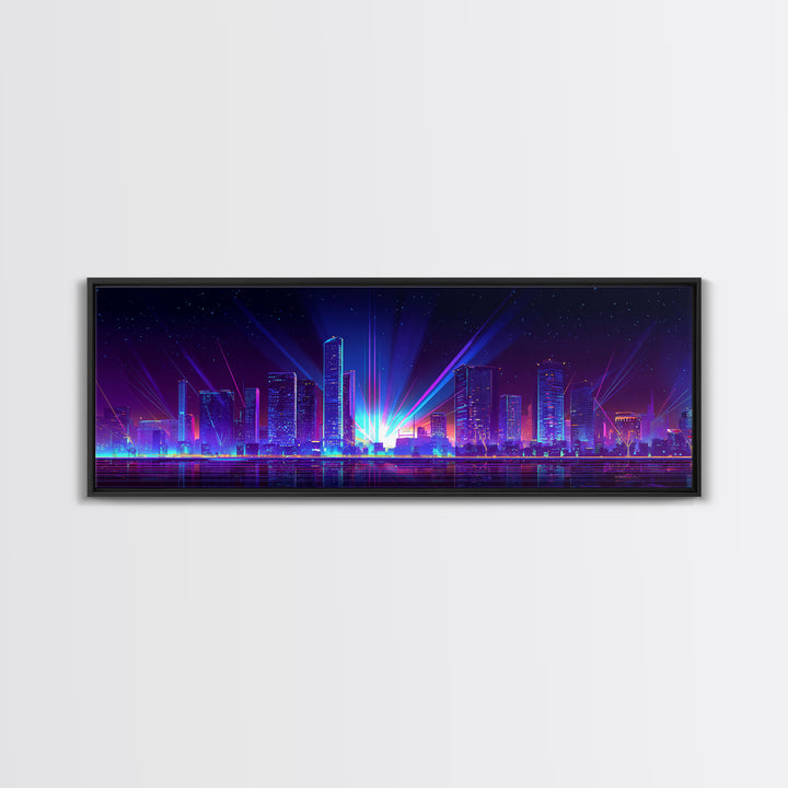Neon Laser City Skyline At Night Wall Art, Cyberpunk Modern Art Print, Blue Purple Futuristic Decor, Large Canvas Print, Poster