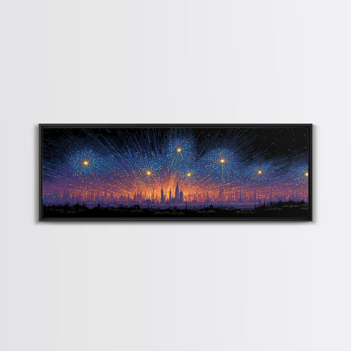 Starry Digital Fireworks Above Distant Skyline Wall Art, Modern Abstract Art Print, Futuristic Night Decor, Canvas Print