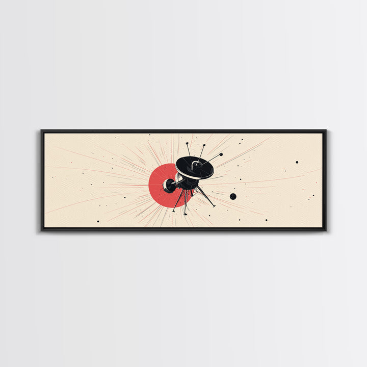 Minimal Black Space Probe Wall Art, Red Sunburst Abstract Satellite Print, Modern Sci Fi Poster, Retro Home Office Decor