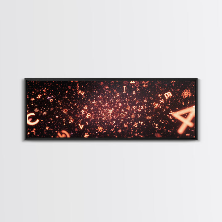 Glowing Orange Symbol Field Wall Art, Abstract Math Particle Poster, Modern Digital Art, Sci Fi Futuristic Office Decor Print