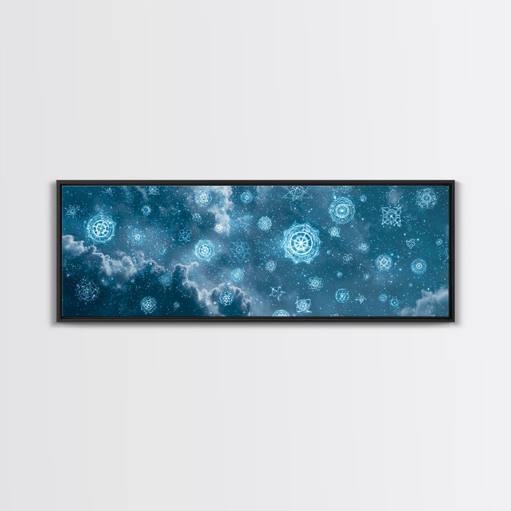 Glowing Teal Celestial Mandala Cloudscape Wall Art, Spiritual Geometric Art Print, Modern Home Decor, Cosmic Sky Poster For Bedroom