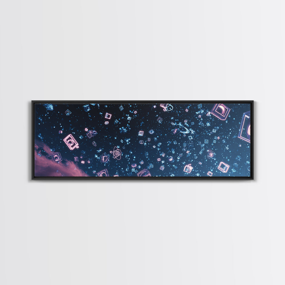 Neon Geometric Shapes Floating In Starry Sky Wall Art, Retro Futuristic Poster, Modern Abstract Art, Blue Pink Decor Print