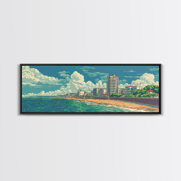 Sunny Coastal City Beach And Turquoise Sea Wall Art, Retro Travel Poster, Midcentury Modern Decor, Ocean Living Room Print