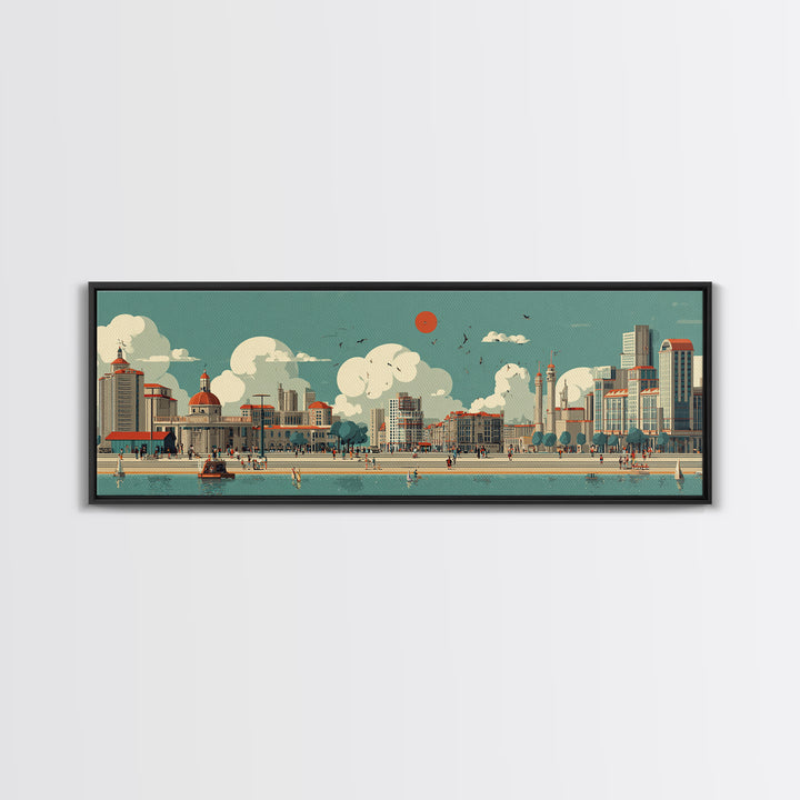 Retro Waterfront Promenade With Red Sun Wall Art, Midcentury Modern City Poster, Coastal Travel Print, Living Room Decor
