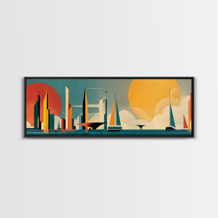 Futuristic Sailboat Skyline With Red And Yellow Suns Wall Art, Midcentury Modern Abstract Poster, Geometric Coastal Decor