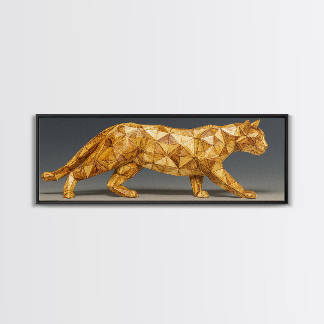 Golden Low Poly Panther Sculpture In Faceted Geometry, Framed Canvas Print, Modern Wall Art, Geometric Animal Decor Statement Poster