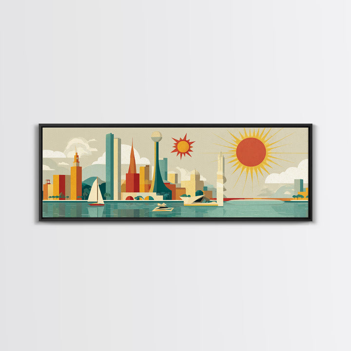 Modern Marina Skyline With Giant Sun Canvas Print, Midcentury Modern Wall Art, Retro Travel Poster, Coastal Home Decor Print