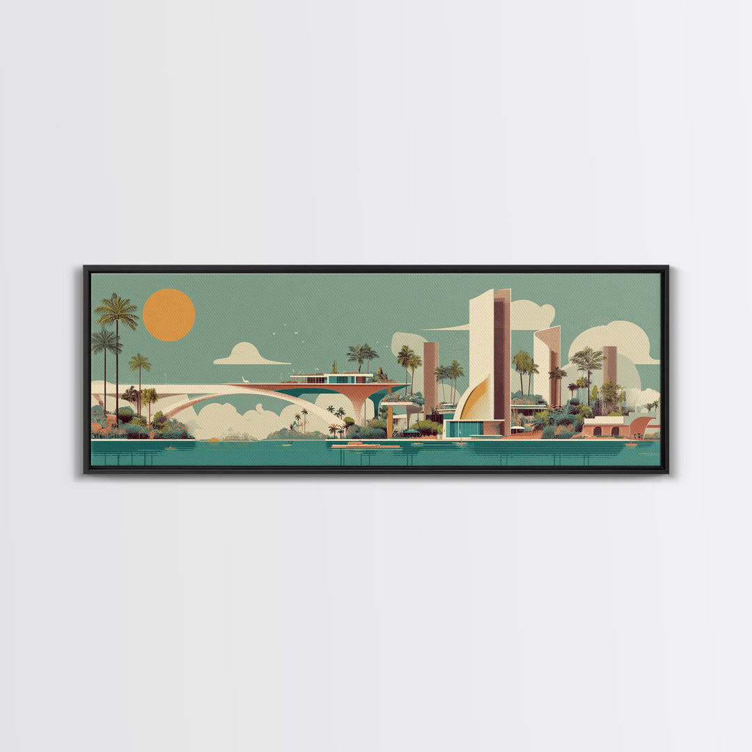Retro Futurist Palm Springs Marina Wall Art, Mid Century Modern Canvas Print, Atomic Resort Decor, Orange Sun Large Poster
