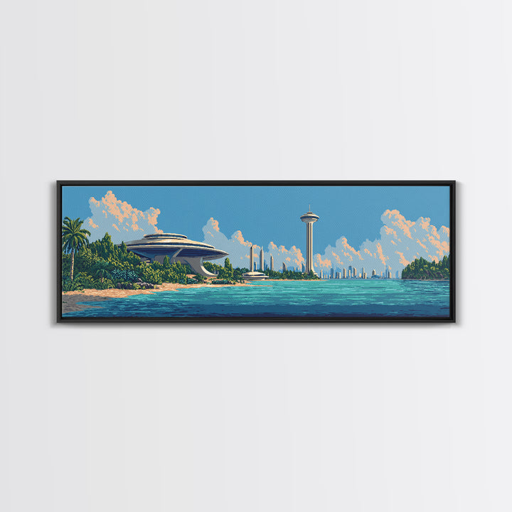 Retro Futuristic Seattle Skyline Large Canvas Print, Space Needle Wall Art, Midcentury Modern Decor, Sci Fi Travel Poster