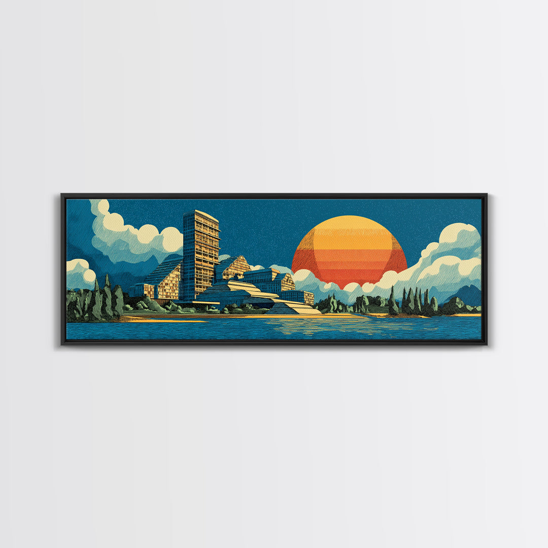 Mountain Lake Modernist Resort Wall Art, Midcentury Modern Canvas Print, Scenic Sunset Landscape, Large Retro Home Decor