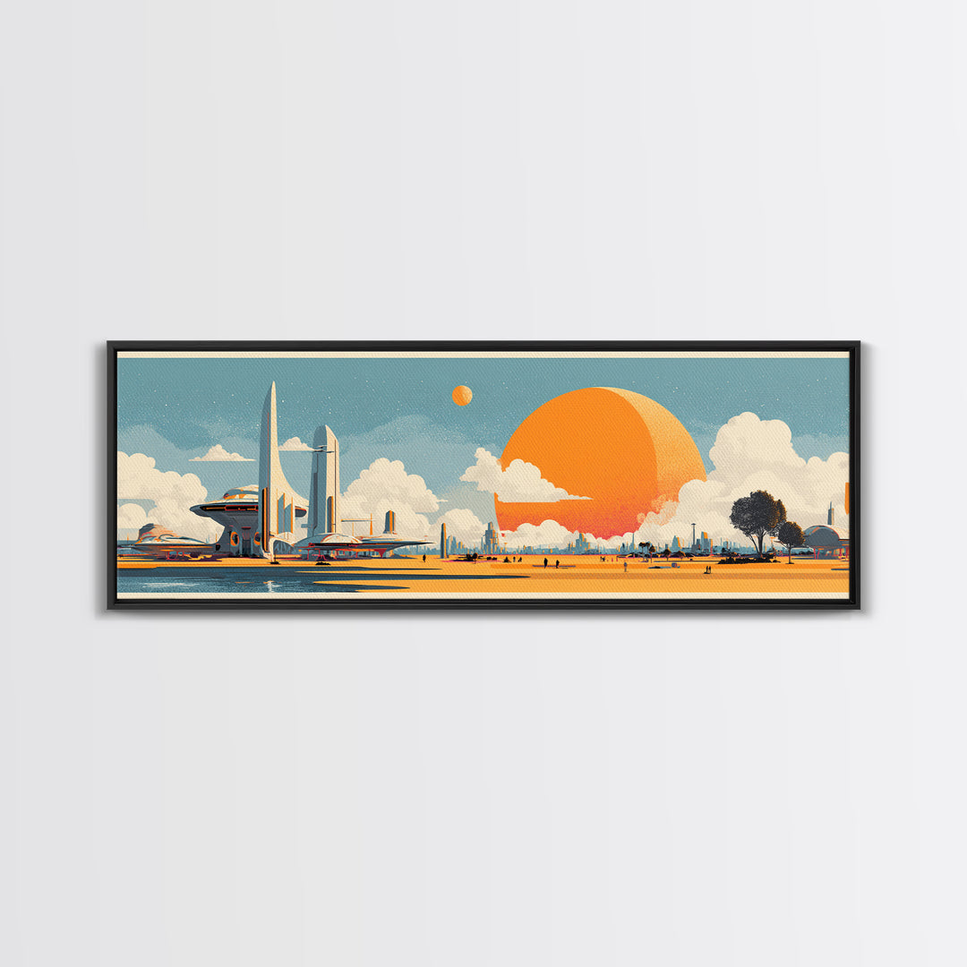 Retro Futuristic Expo Skyline Wall Art, Midcentury Modern Canvas Print, Orange Sun Space Age Architecture Large Poster Decor