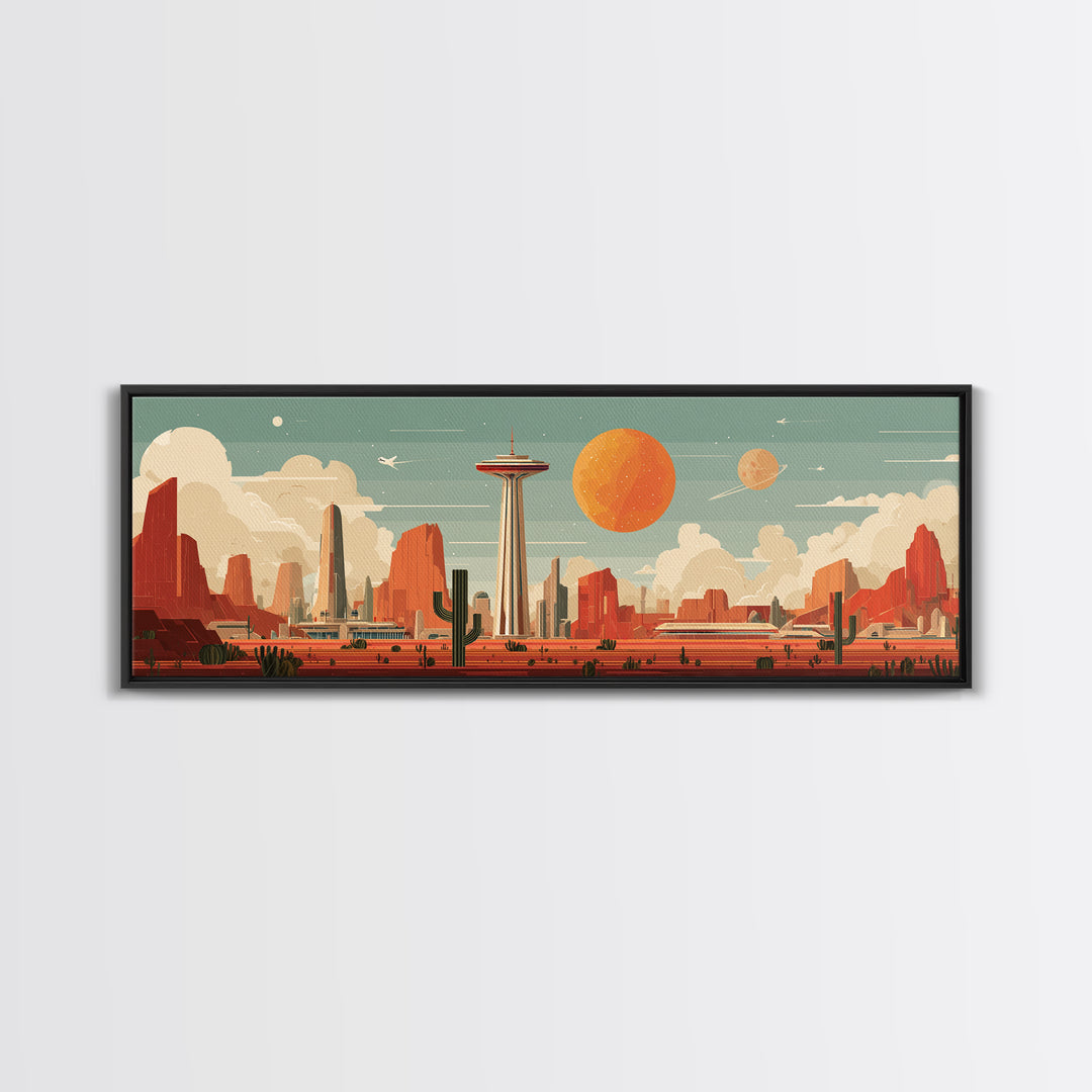 Retro Space Needle Desert Wall Art, Midcentury Modern Canvas Print, Orange Planet Cityscape, Southwestern Sci Fi Poster Decor