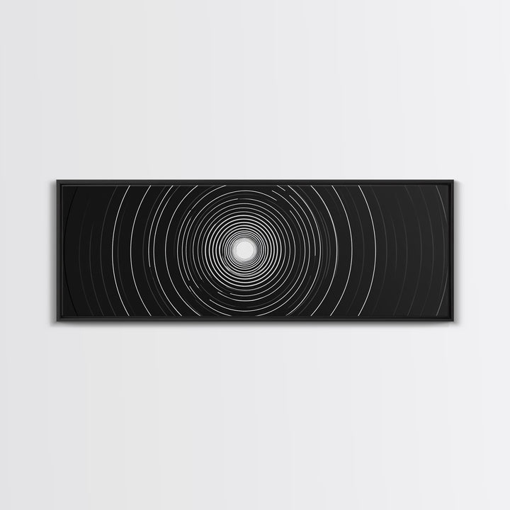 White Light Concentric Circle Canvas Print, Black Modern Op Art Wall Decor, Minimal Geometric Poster For Home Office Space