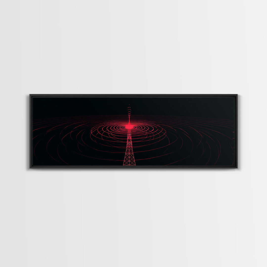 Red Radio Tower With Concentric Signal Rings Wall Art, Futuristic Retro Abstract Print, Modern Wall Decor, Large Sci Fi Retro Art