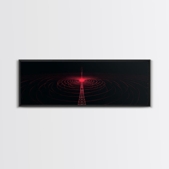 Red Radio Tower With Concentric Signal Rings Wall Art, Futuristic Retro Abstract Print, Modern Wall Decor, Large Sci Fi Retro Art
