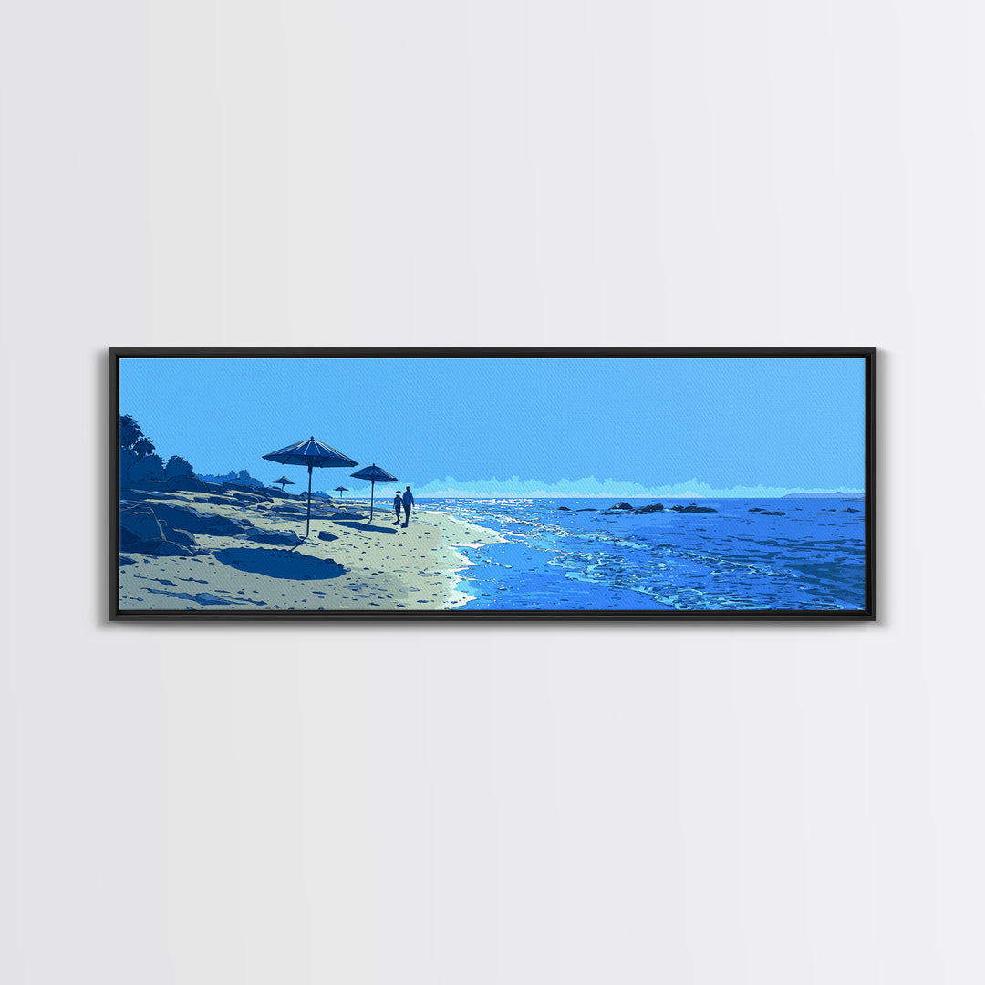 Blue Seaside Beach With Umbrellas Wall Art, Coastal Landscape Print, Modern Wall Decor, Beach House Decor, Travel Poster Art