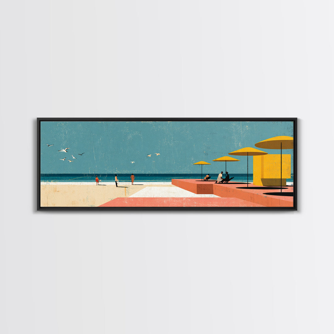 Yellow Umbrellas On Pink Seaside Terrace Canvas Print, Coastal Wall Art, Modern Wall Decor, Retro Travel Poster, Colorful Art