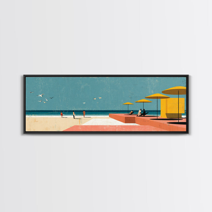 Yellow Umbrellas On Pink Seaside Terrace Canvas Print, Coastal Wall Art, Modern Wall Decor, Retro Travel Poster, Colorful Art