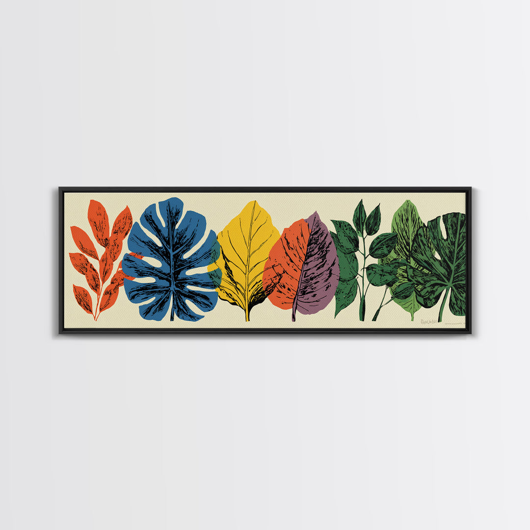 Colorful Tropical Leaf Row Framed Canvas Print, Midcentury Modern Botanical Wall Art, Retro Home Decor, Bold Nature Poster