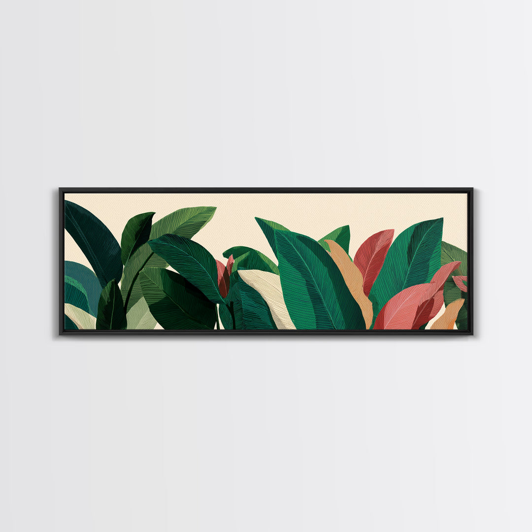 Deep Green Tropical Foliage With Coral Leaves Canvas Print, Botanical Wall Art, Midcentury Modern Decor, Boho Home Poster