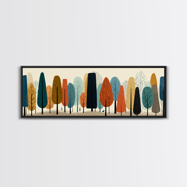 Stylized Autumn Trees In Earth Tones Canvas Print, Midcentury Modern Landscape Wall Art, Retro Forest Decor, Nordic Poster