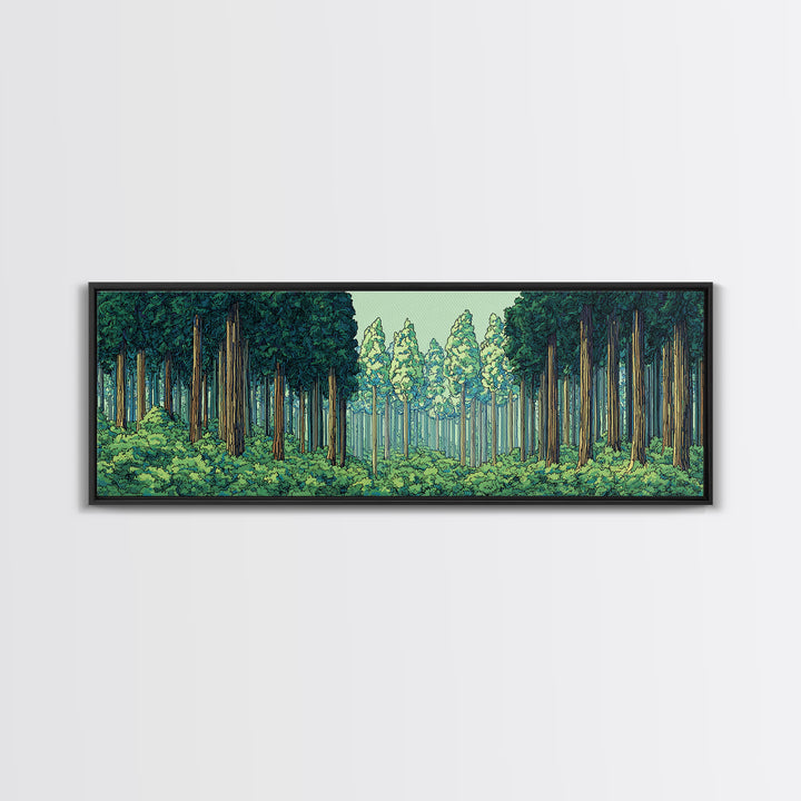 Emerald Forest Path With Tall Pines Framed Canvas Print, Nature Wall Art, Modern Home Decor, Green Scenic Woodland Poster