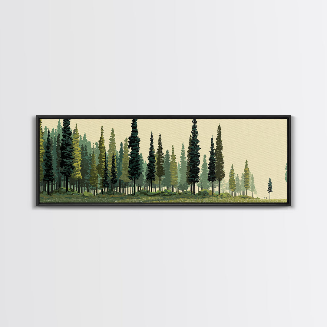 Misty Evergreen Forest Panorama Wall Art, Midcentury Modern Landscape Print, Nature Wall Decor, Large Canvas Cabin Artwork