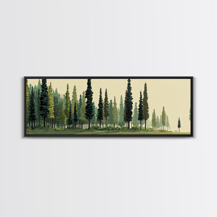 Misty Evergreen Forest Panorama Wall Art, Midcentury Modern Landscape Print, Nature Wall Decor, Large Canvas Cabin Artwork