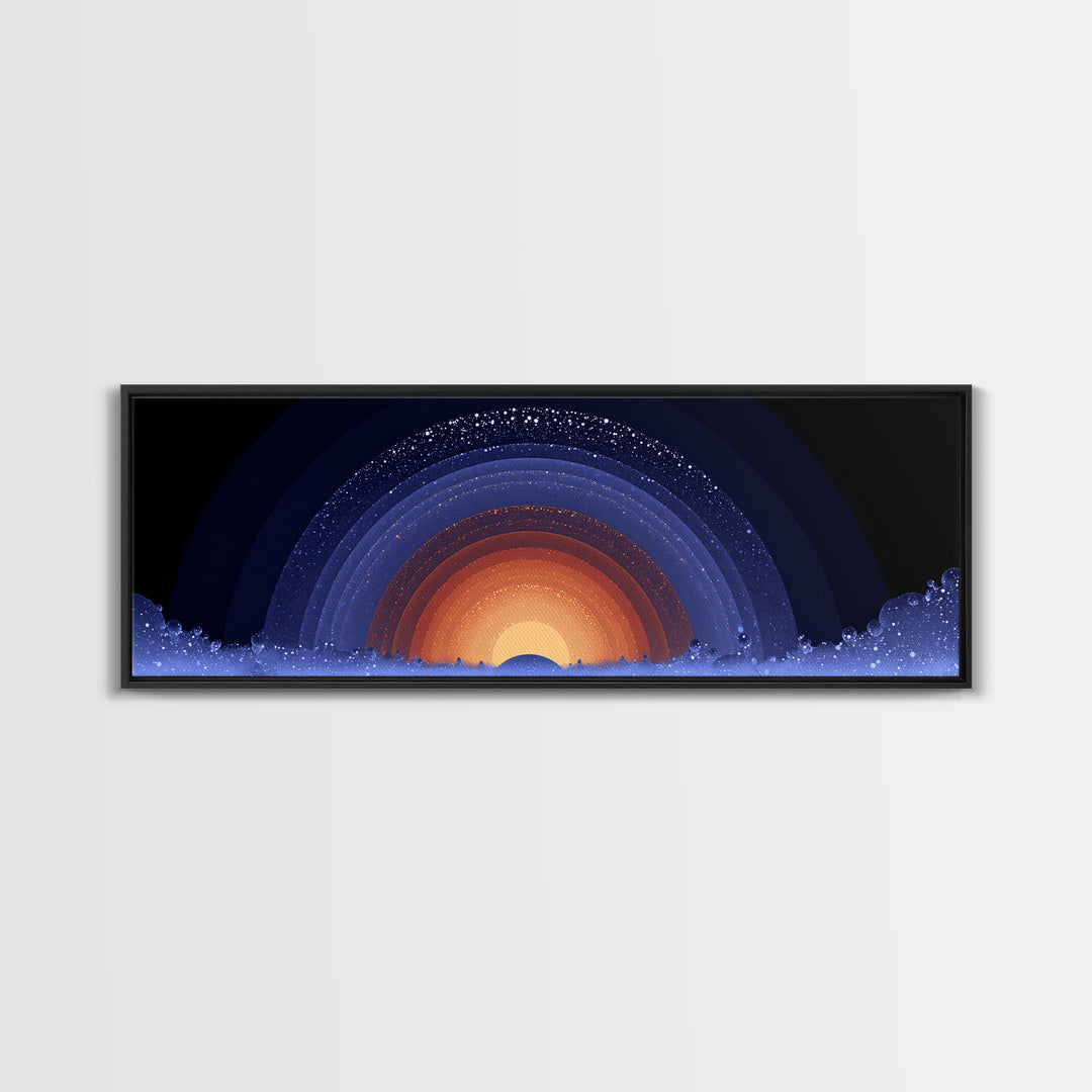 Starry Cosmic Sunrise Arc Wall Art, Midcentury Modern Space Abstract Print, Orange Blue Galaxy Decor, Retro Canvas Poster