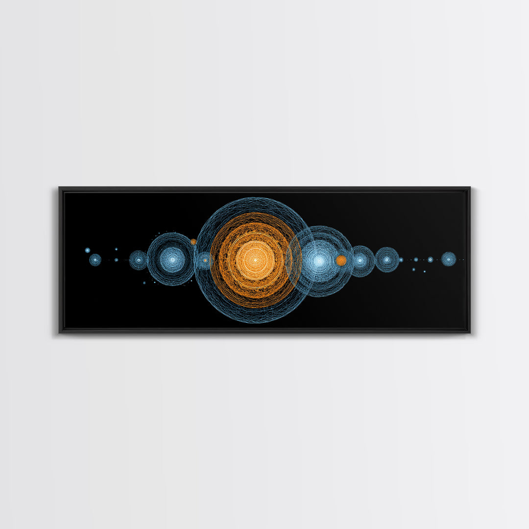 Planetary Orbit Circle Canvas Print, Midcentury Modern Space Wall Art, Blue Orange Geometric Decor, Atomic Abstract Poster