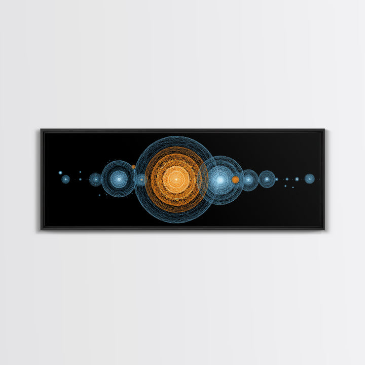 Planetary Orbit Circle Canvas Print, Midcentury Modern Space Wall Art, Blue Orange Geometric Decor, Atomic Abstract Poster