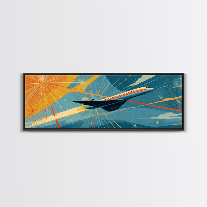 Jetliner Over Geometric Sunburst Canvas Print, Midcentury Modern Wall Decor, Retro Travel Poster, Atomic Aviation Art Gift
