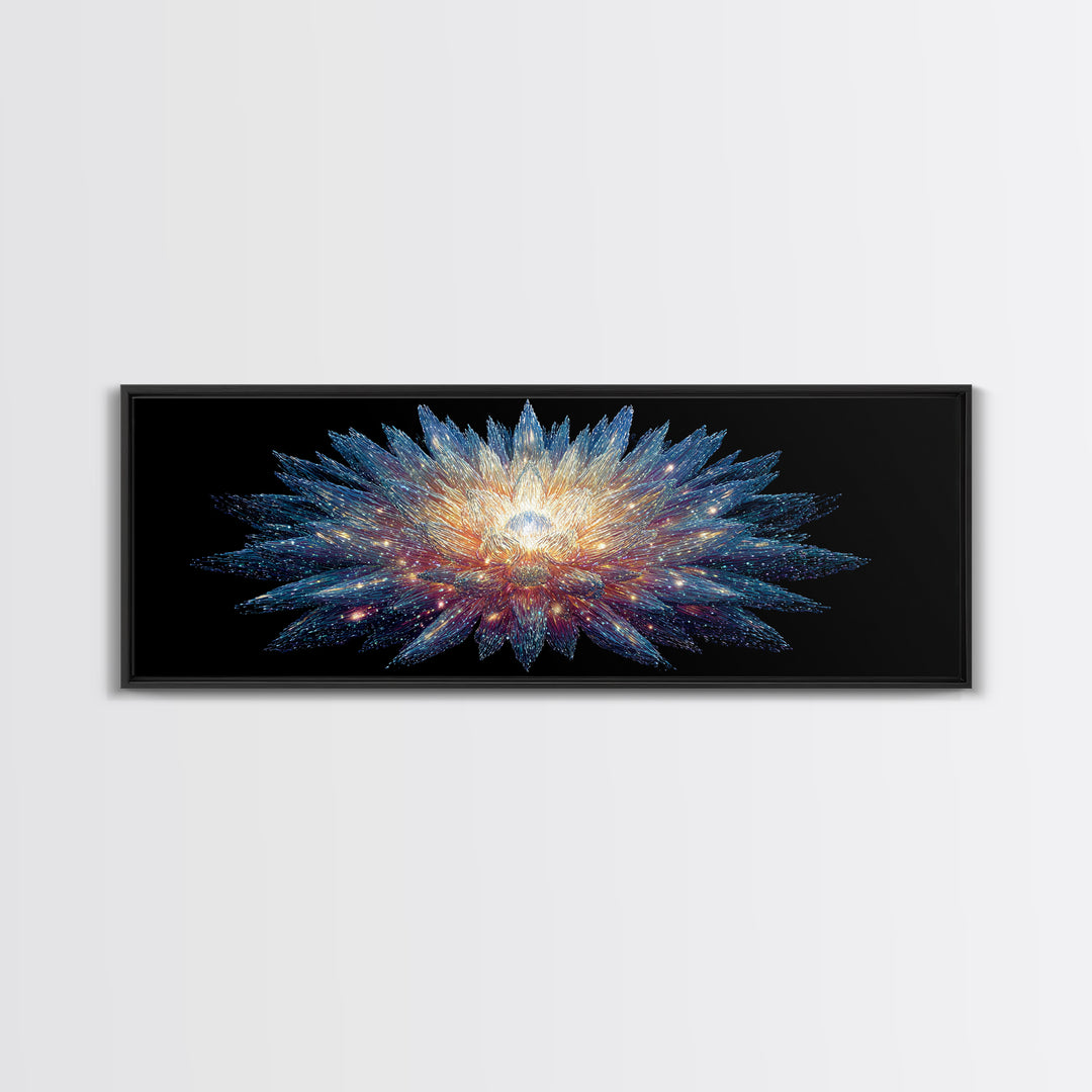 Glowing Cosmic Crystal Bloom Wall Art, Modern Abstract Art Print, Space Abstract Art, Blue Black Living Room Wall Decor Prints