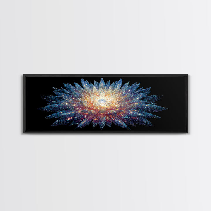 Glowing Cosmic Crystal Bloom Wall Art, Modern Abstract Art Print, Space Abstract Art, Blue Black Living Room Wall Decor Prints