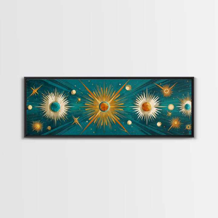 Teal Gold Celestial Sunburst Planets Wall Art, Modern Abstract Art Print, Art Deco Poster, Geometric Wall Decor, MCM Home Decor