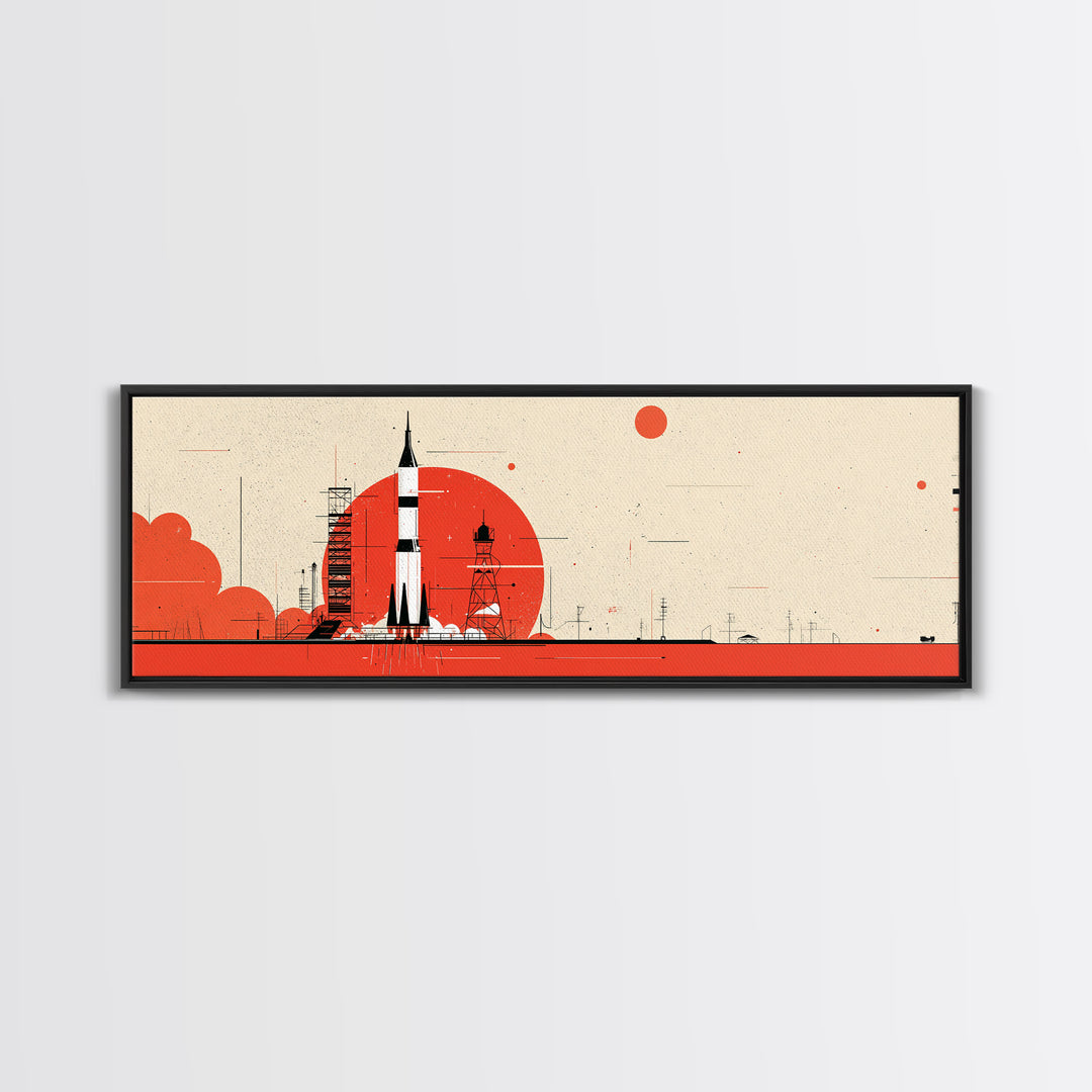 Minimal Red Rocket On Launch Pad Wall Art, Midcentury Modern Space Poster, Atomic Orange Sun Decor, Retro MCM Print Gift