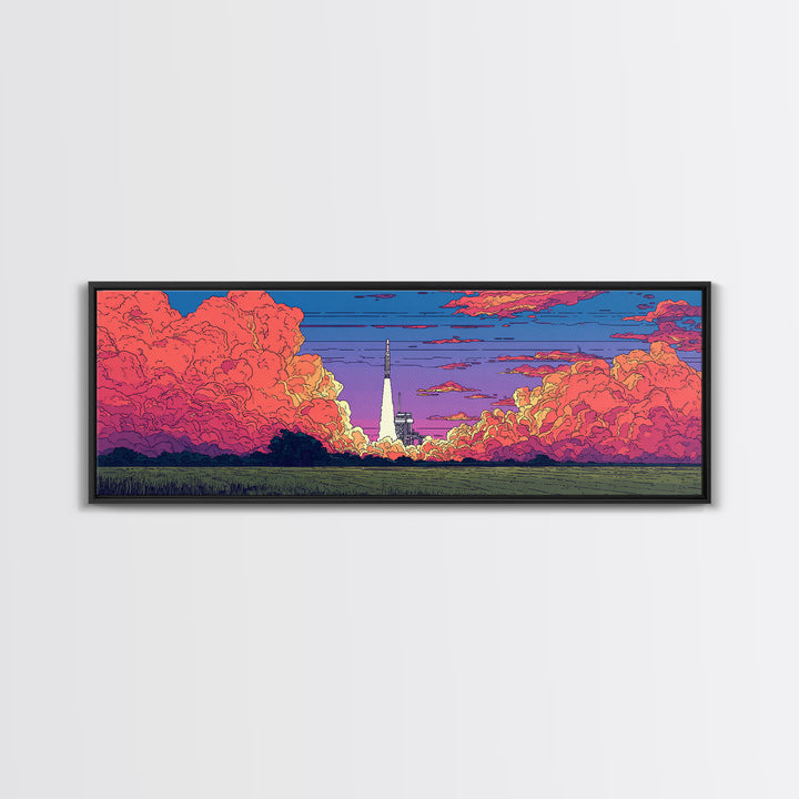 Pink Cloud Rocket Launch At Sunset Wall Art, Midcentury Modern Space Poster, Retro Sci Fi Landscape, Colorful MCM Decor Print