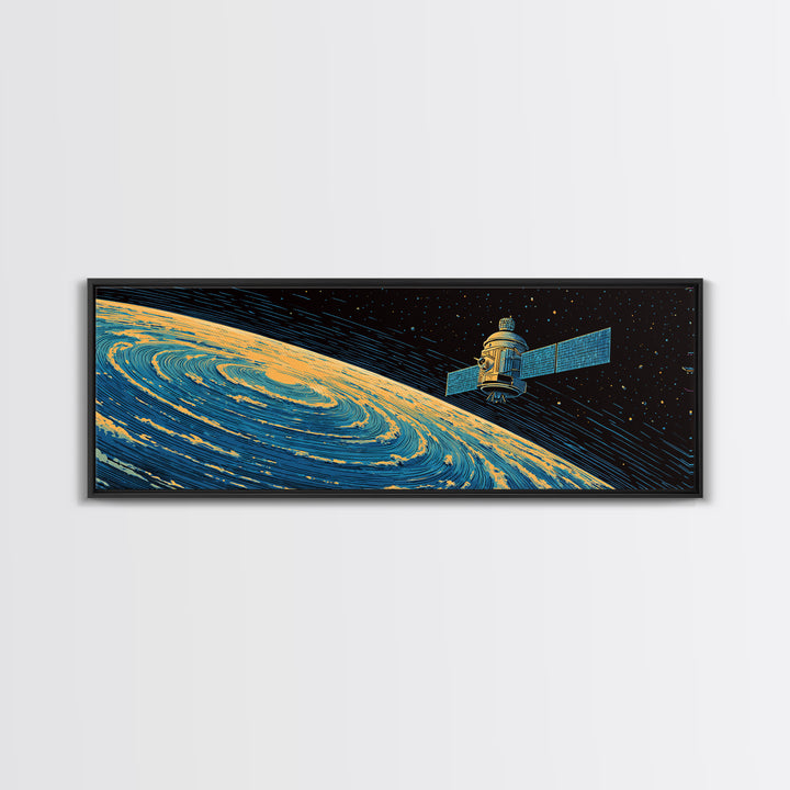 Orbiting Satellite Above Spiral Planet Canvas Print, Midcentury Modern Space Poster, Retro Sci Fi Wall Art, Atomic MCM Decor