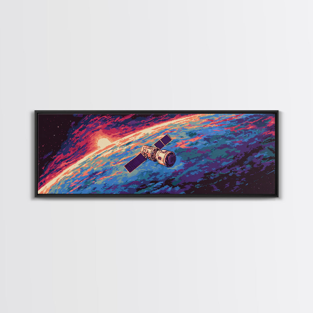 Retro Satellite Over Earth Sunrise Wall Art, Panoramic Sci Fi Space Poster, Midcentury Modern Decor, Large Canvas Print Gift